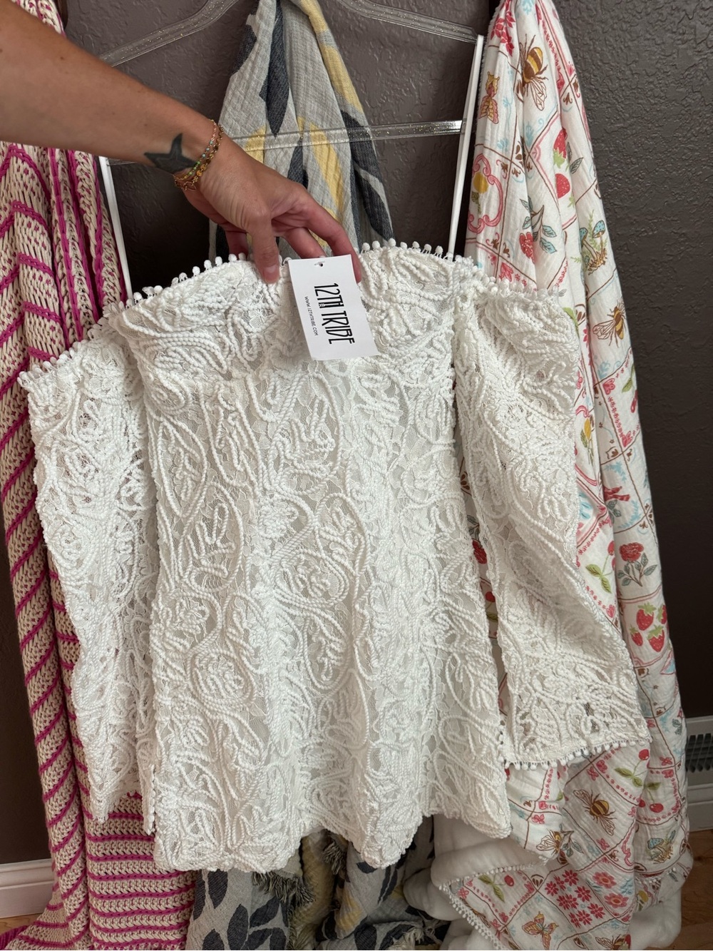 12th Tribe White Strapless Textured Lace Mini Dress with Detachable Long Sleeves - Picture 2 of 4